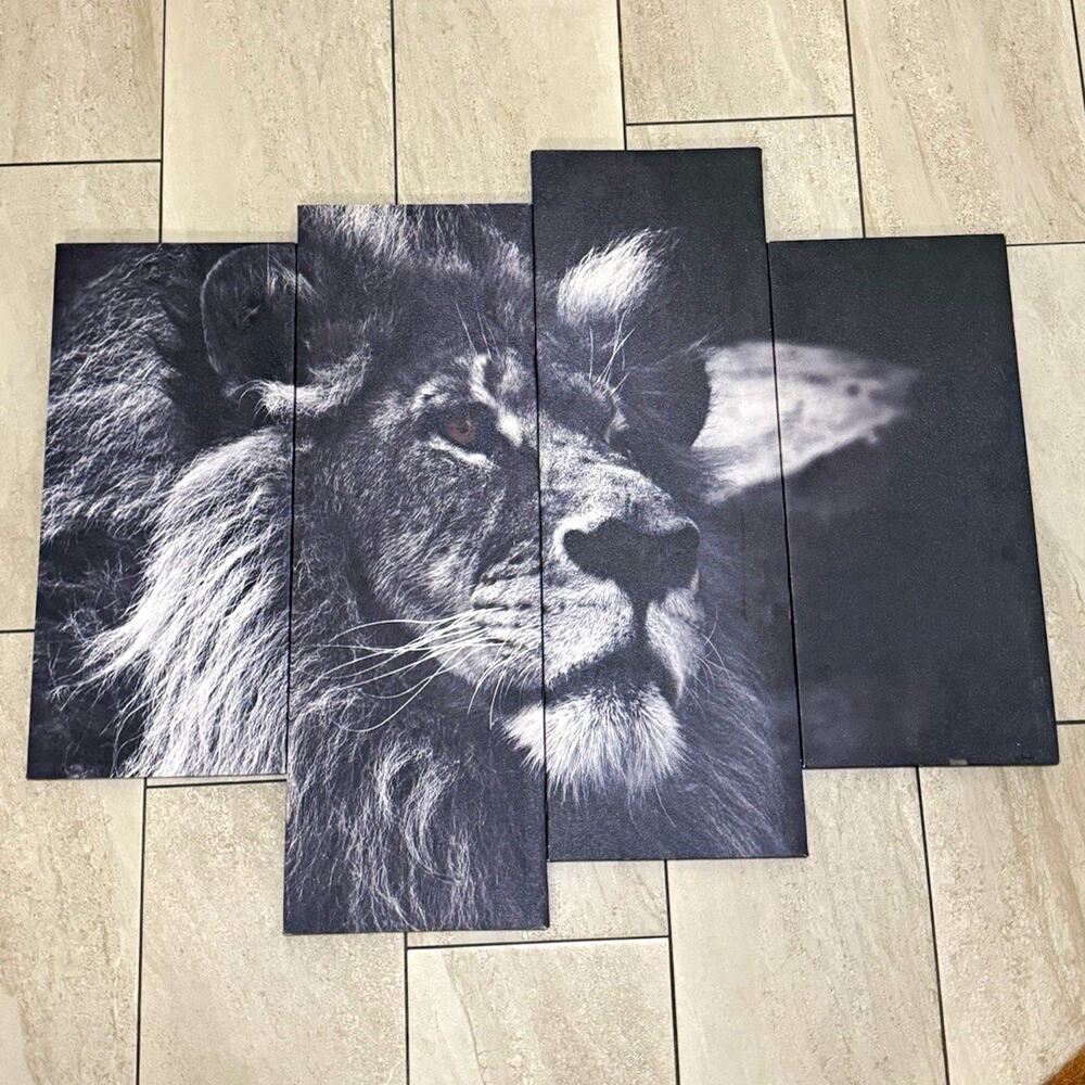 Lion 4-Panel Canvas Art Print 36x48 Vertical Black White Wall Decor